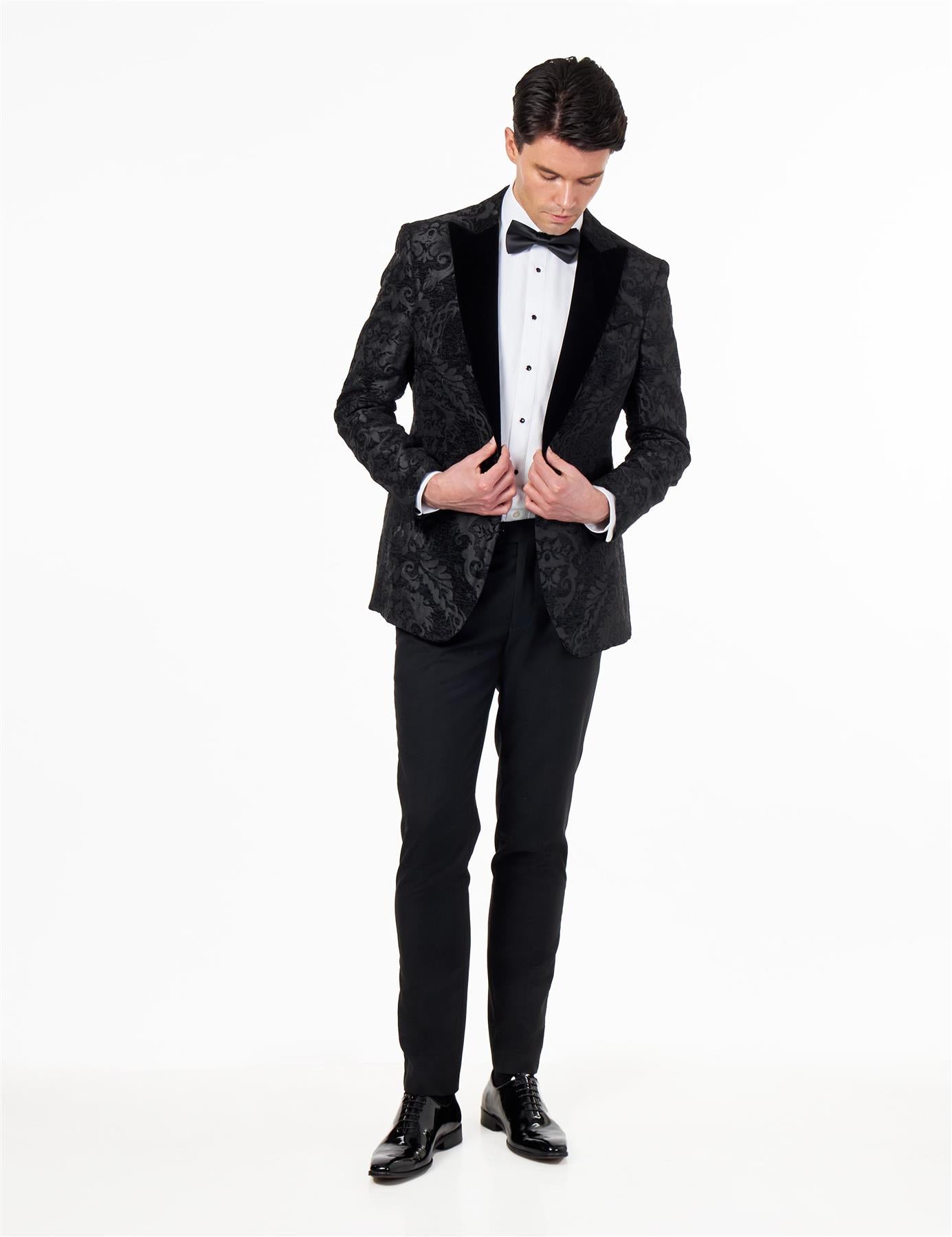 GLEN – BLACK ORNATE JACQUARD PRINT TUXEDO JACKET