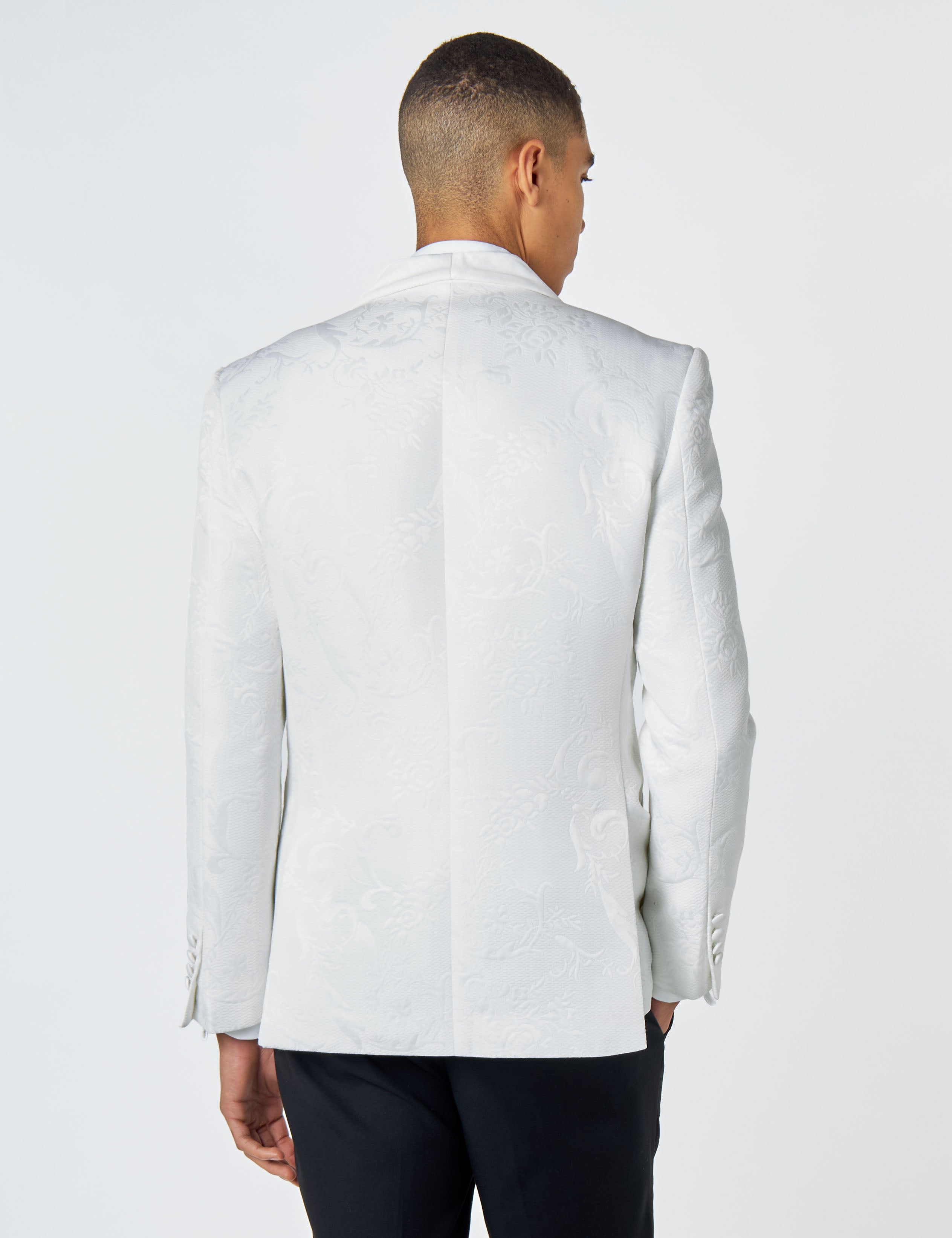 HENRY – WHITE TUXEDO SUIT JACKET DAMASK FLOCKED JACQUARD PRINTED