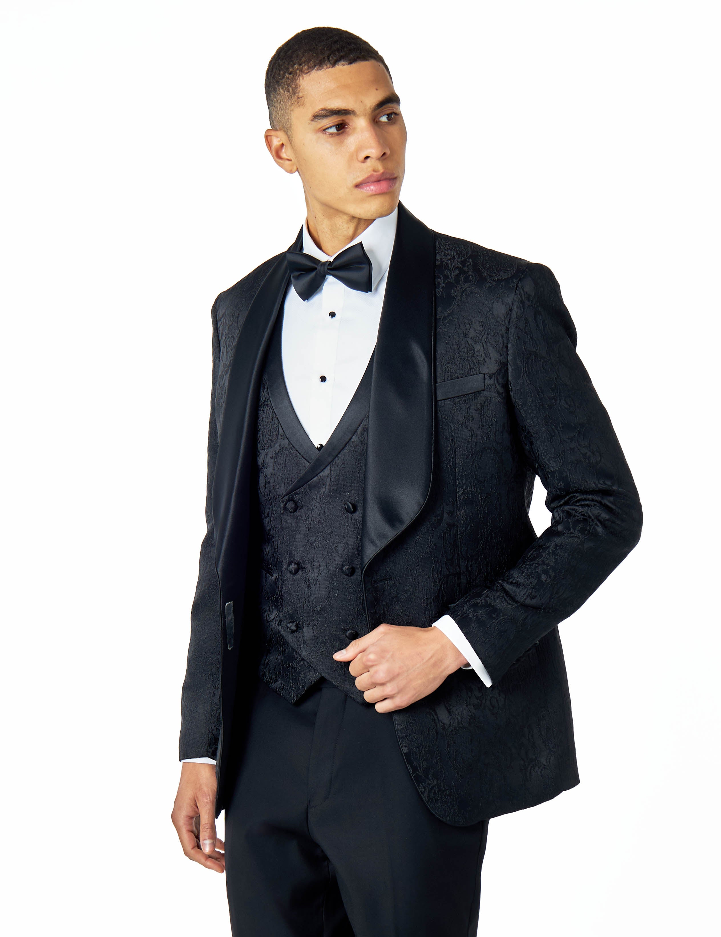 LOUIS – 3 PIECE BLACK DAMASK PRINT WEDDING TUXEDO SUIT