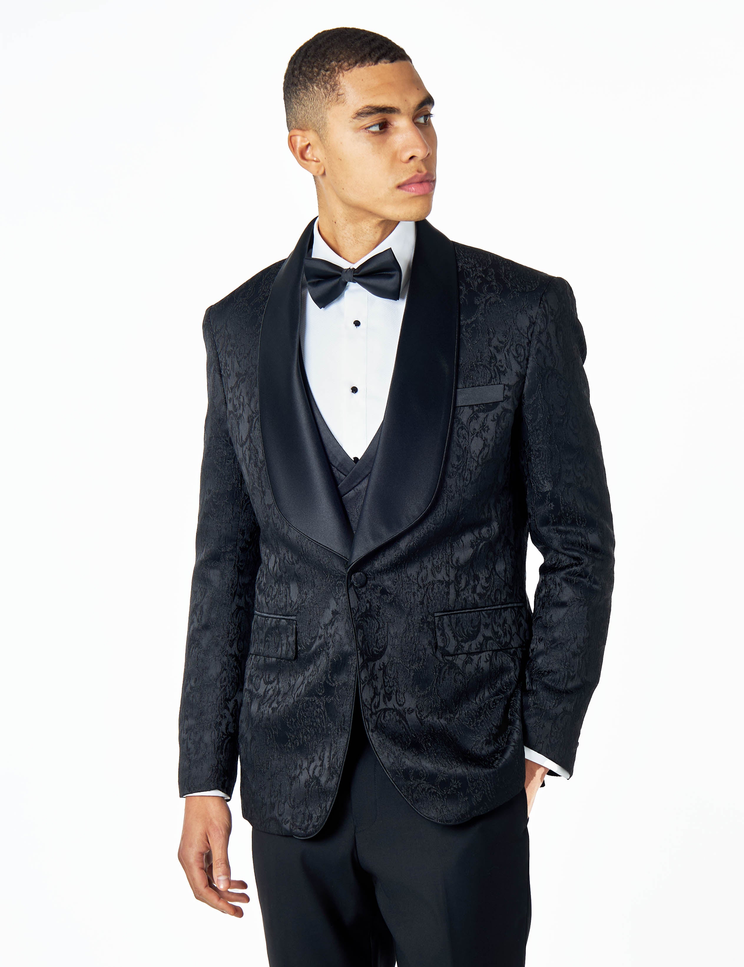 LOUIS – 3 PIECE BLACK DAMASK PRINT WEDDING TUXEDO SUIT