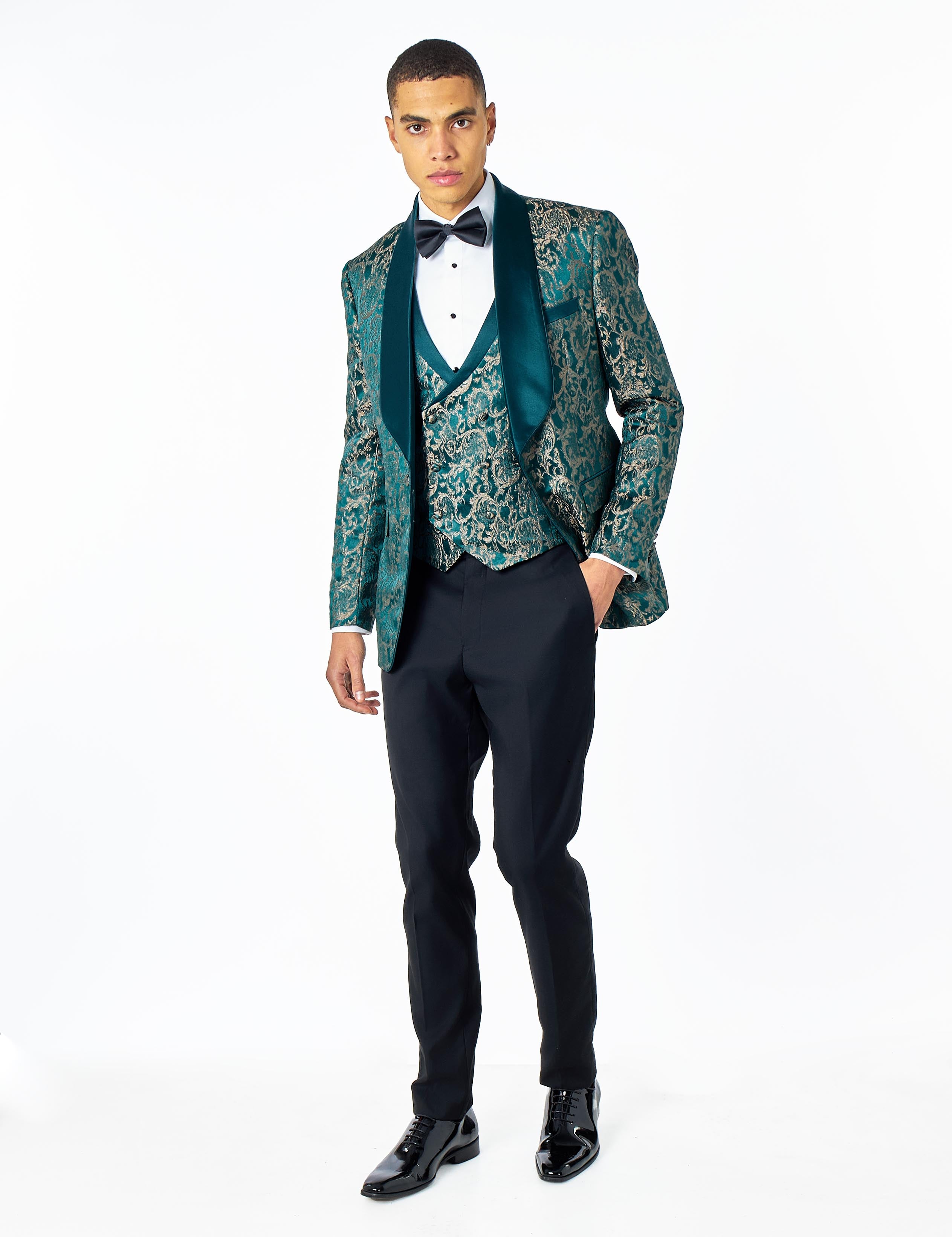 LOUIS – GREEN GOLD DAMASK PRINT 3 PIECE WEDDING TUXEDO SUIT