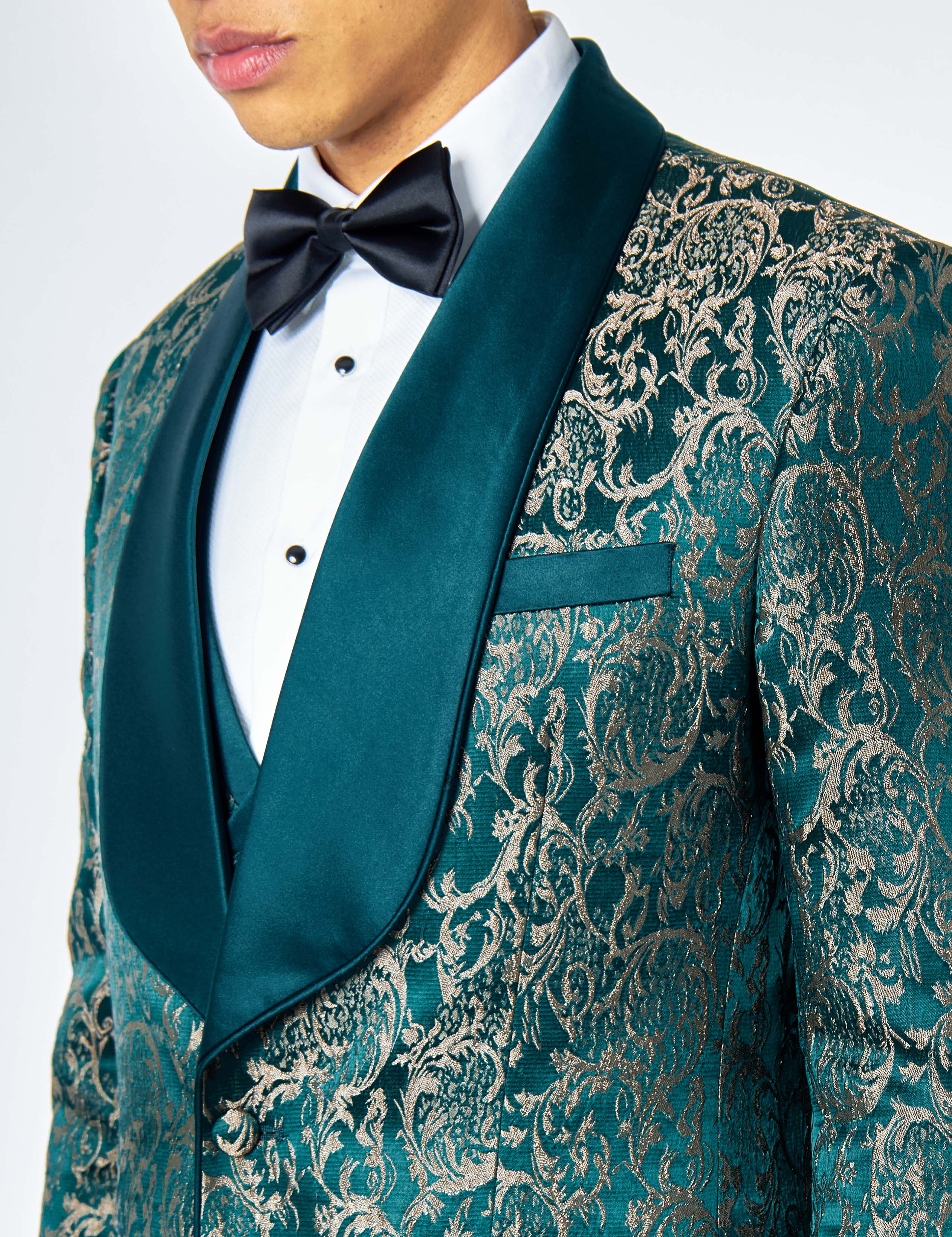 LOUIS – GREEN GOLD DAMASK PRINT 3 PIECE WEDDING TUXEDO SUIT