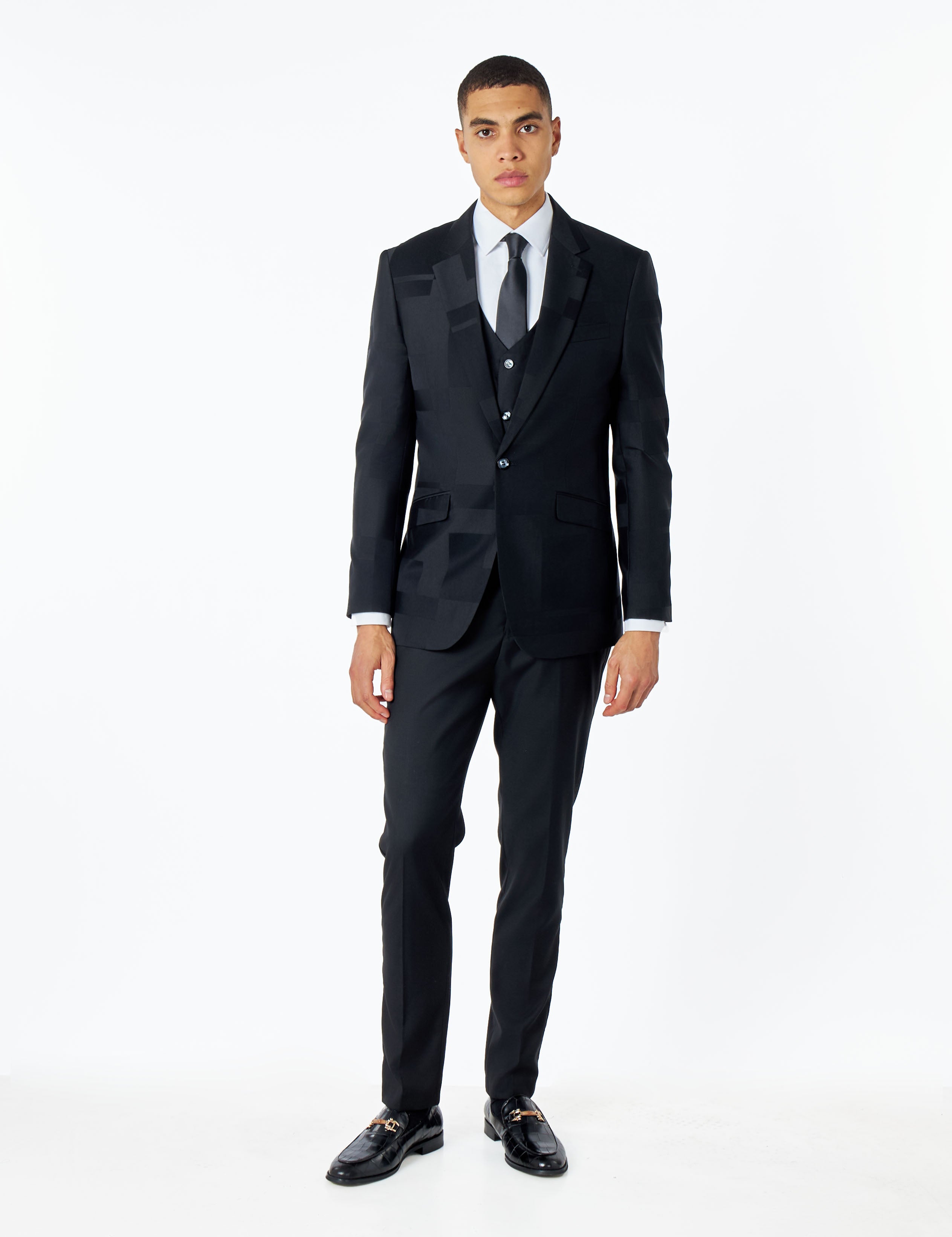 BLACK GEO PATTERN DETAILED SUIT JACKET