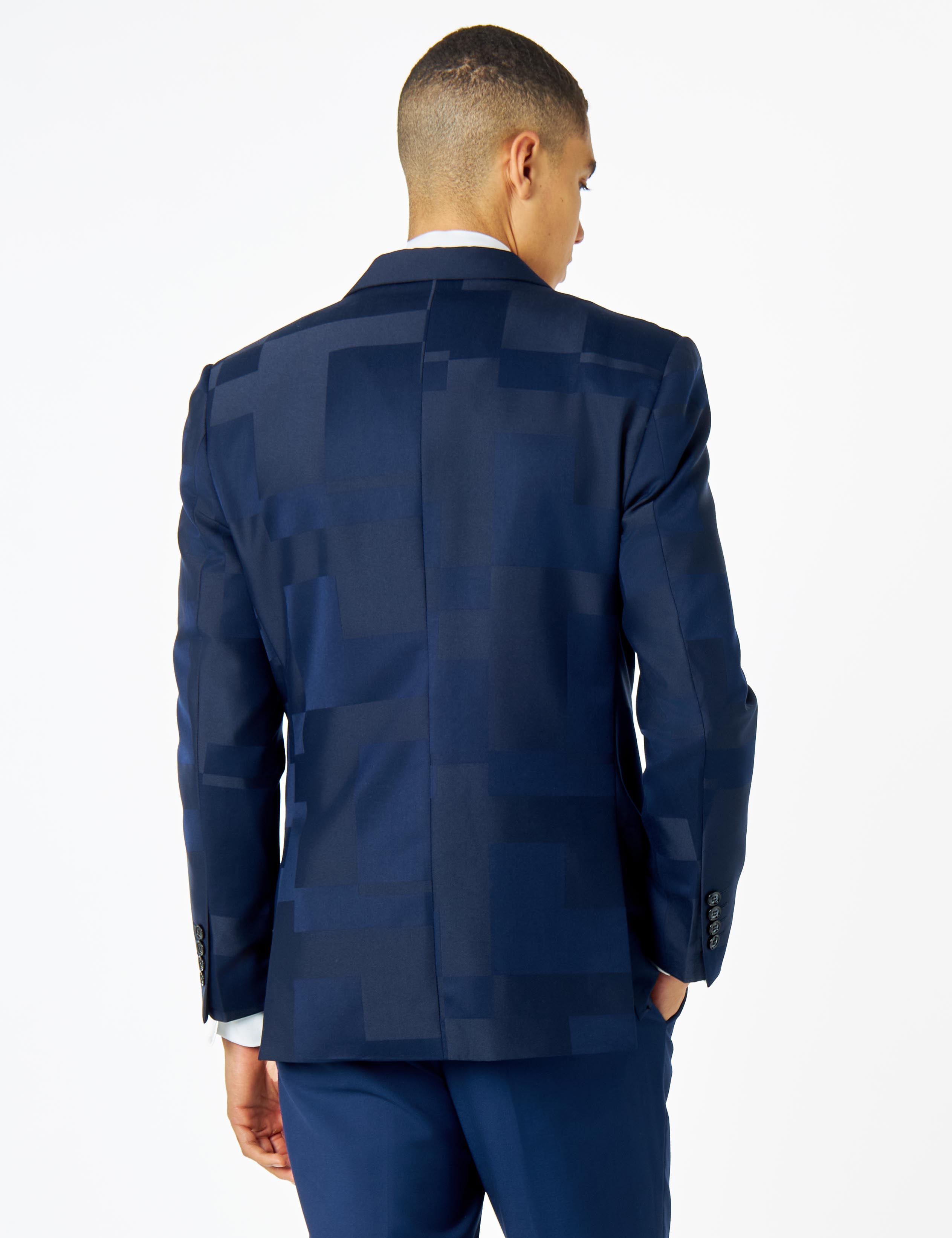 NAVY BLUE GEO PATTERN DETAILED SUIT JACKET