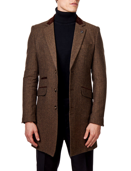 COSMO – BROWN HERRINGBONE WOOL BLEND LONG OVERCOAT