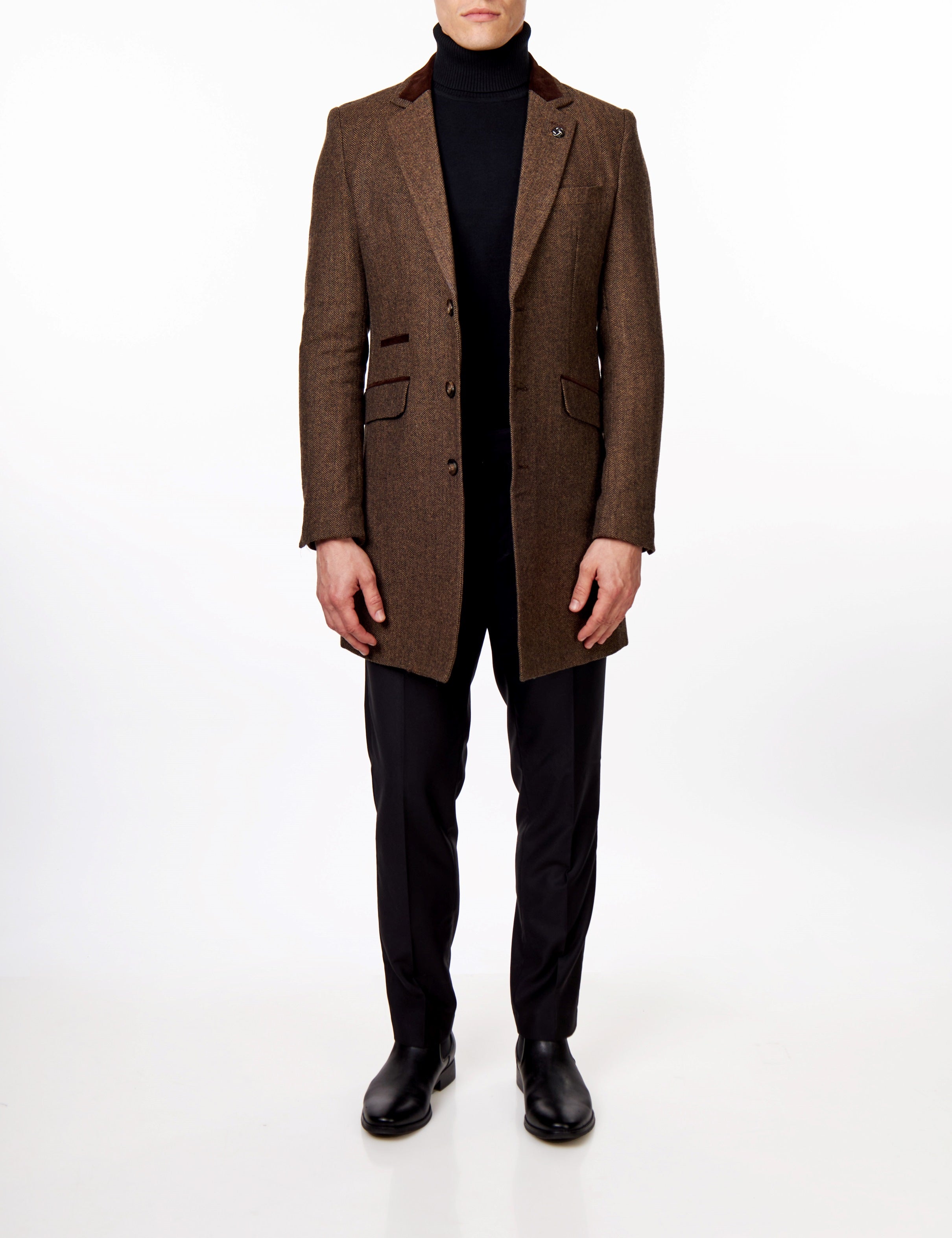 COSMO – BROWN HERRINGBONE WOOL BLEND LONG OVERCOAT