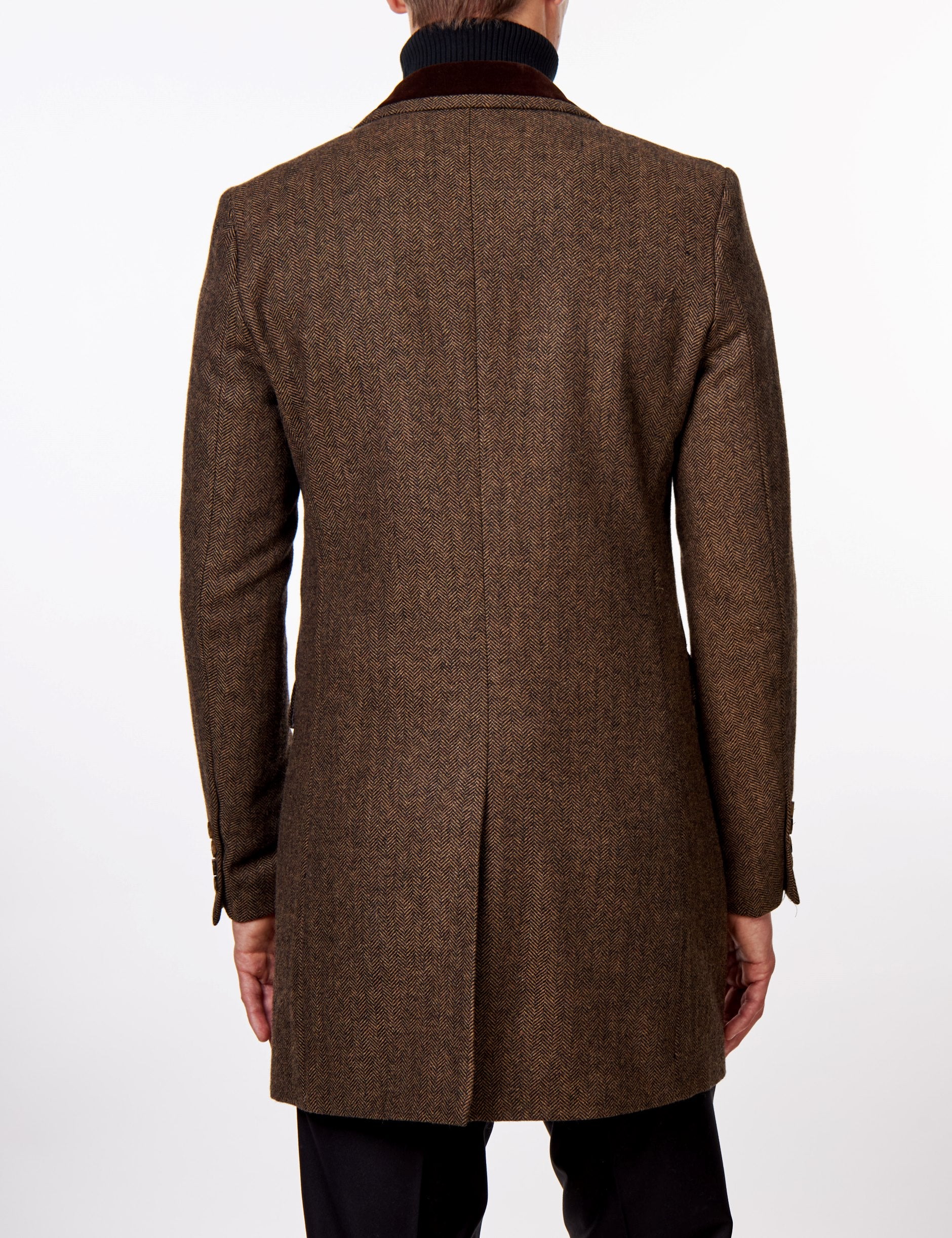 COSMO – BROWN HERRINGBONE WOOL BLEND LONG OVERCOAT