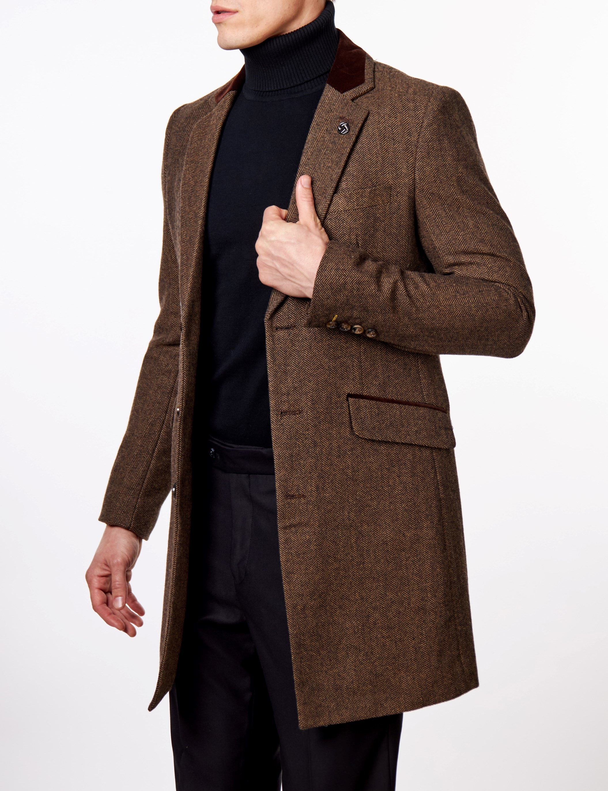 COSMO – BROWN HERRINGBONE WOOL BLEND LONG OVERCOAT