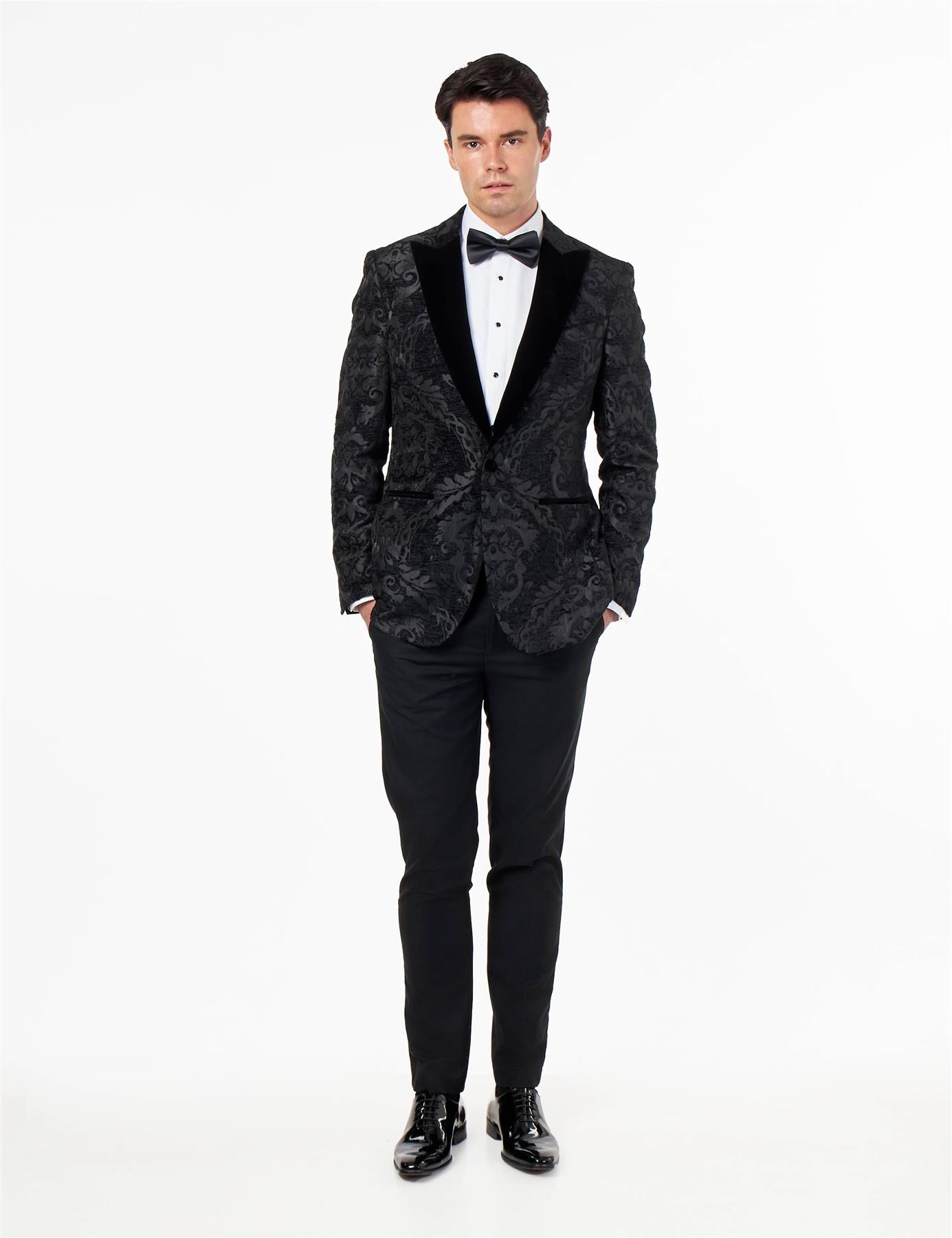 GLEN – BLACK ORNATE JACQUARD PRINT TUXEDO JACKET