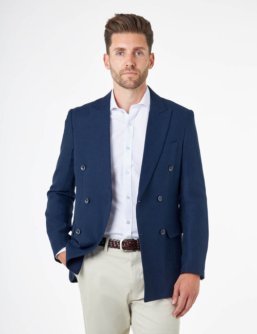 RAY - Tailored Fit Navy Herringbone Linen Double Breasted Jacket