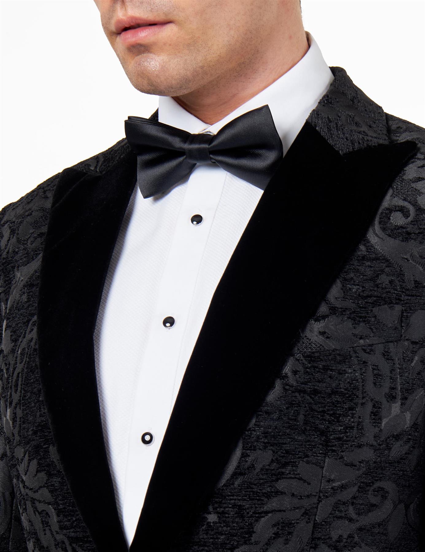 GLEN – BLACK ORNATE JACQUARD PRINT TUXEDO JACKET