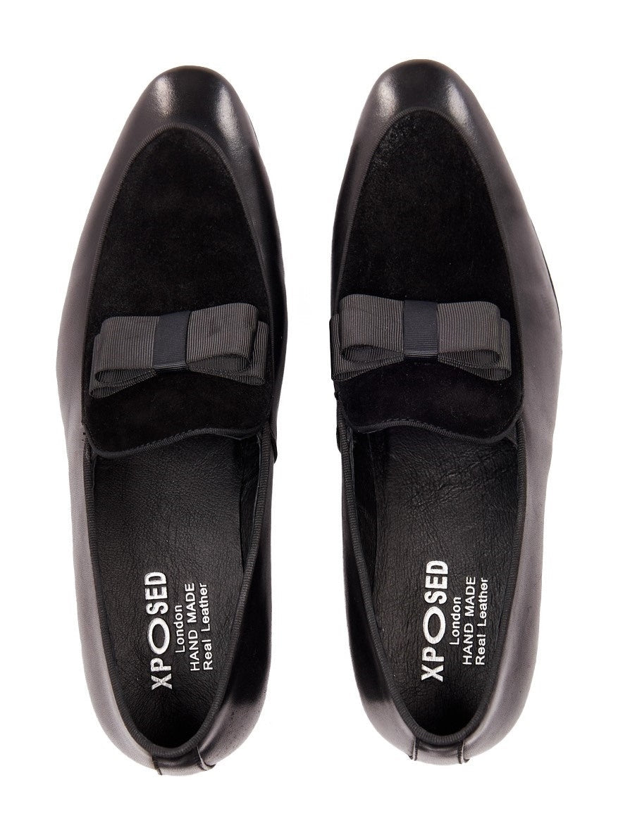 BLACK SUEDE & LEATHER BOW TIE LOAFERS