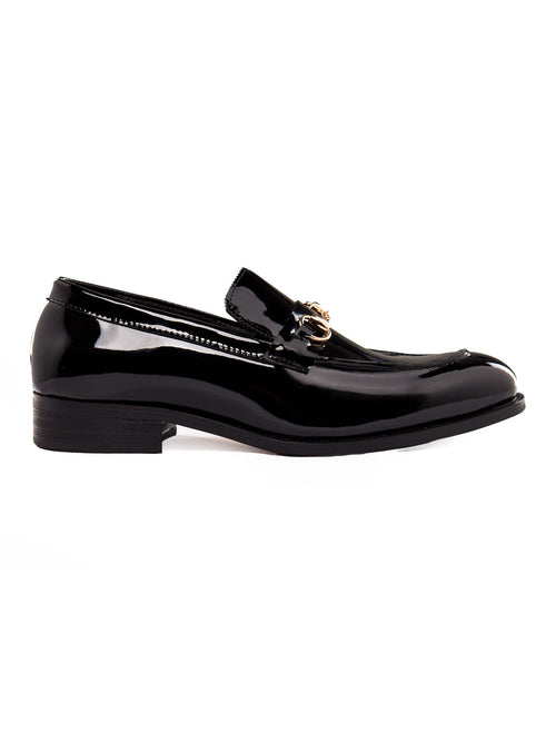 BLACK PATENT LEATHER GOLD BUCKLE LOAFERS