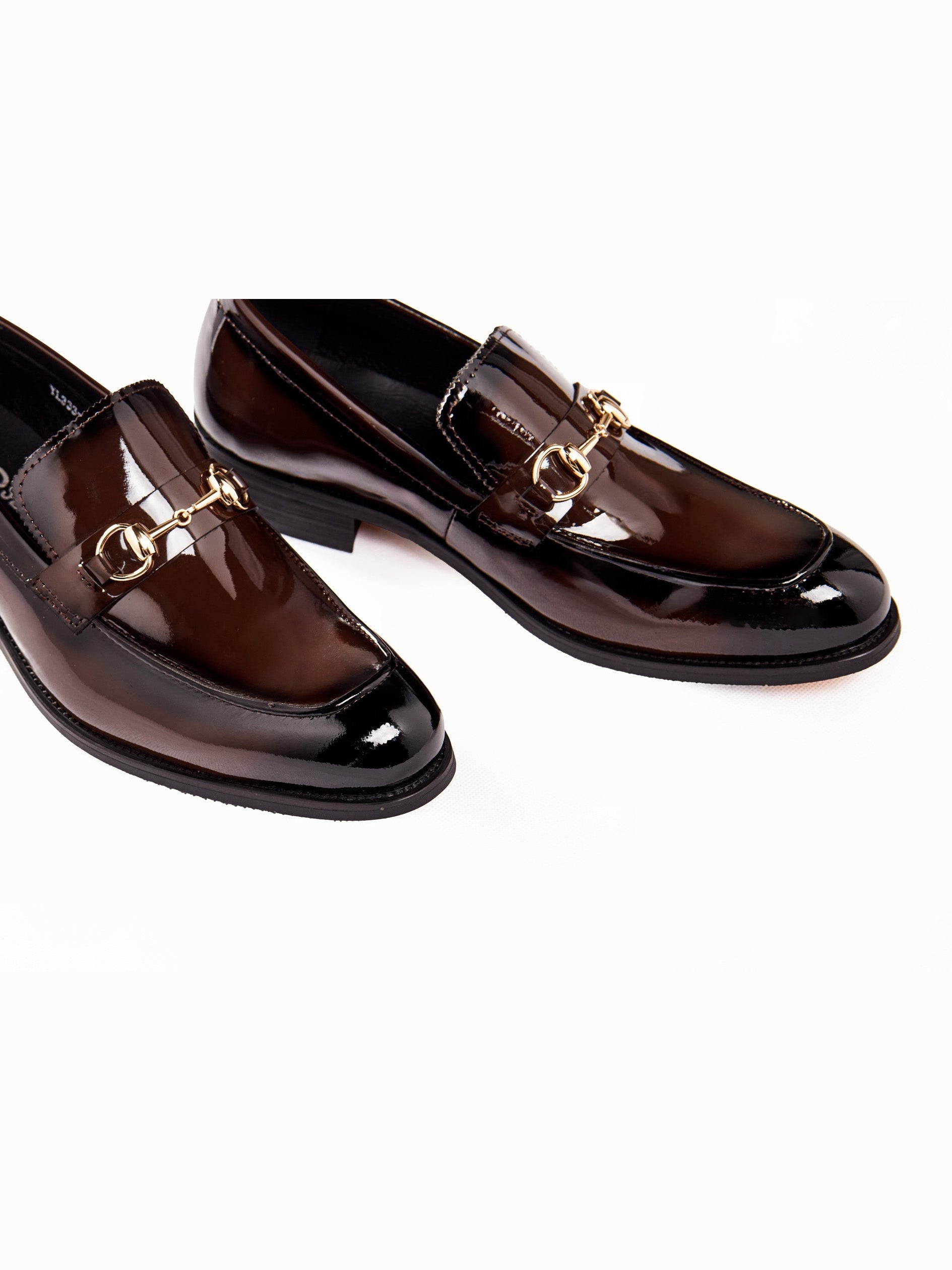 BROWN PATENT LEATHER GOLD BUCKLE LOAFERS