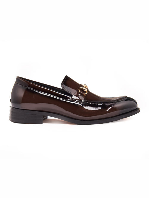 BROWN PATENT LEATHER GOLD BUCKLE LOAFERS