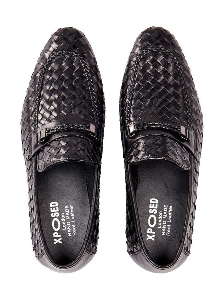 BLACK LEATHER WOVEN LOAFERS