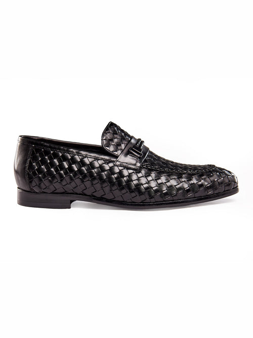 BLACK LEATHER WOVEN LOAFERS