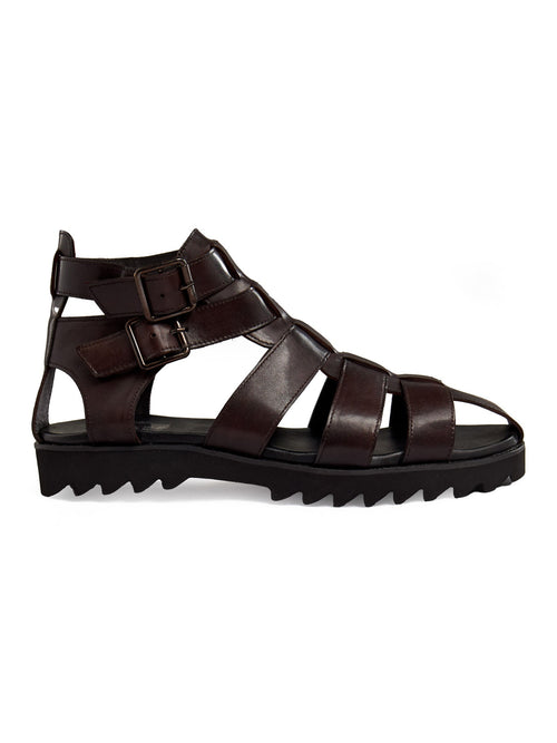 BROWN LEATHER CROSS STRAP SANDALS