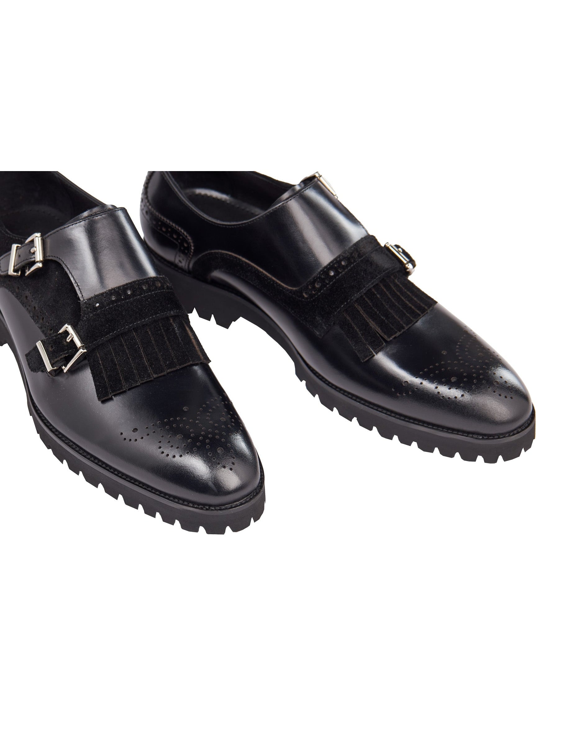 BLACK LEATHER & SUEDE DOUBLE MONK SHOES