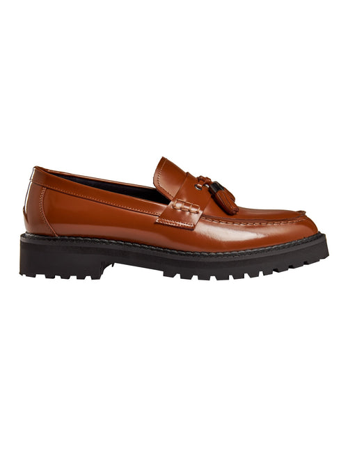 TAN PATENT LEATHER TASSEL LOAFERS