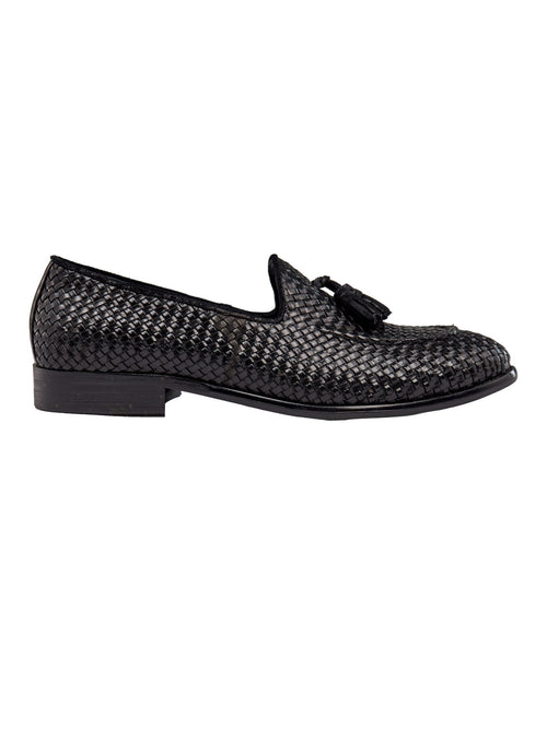 SCHWARZER GEWEBTER LEDER-QUASTEN-LOAFER