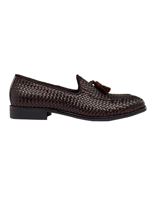 BROWN WOVEN LEATHER TASSEL LOAFER