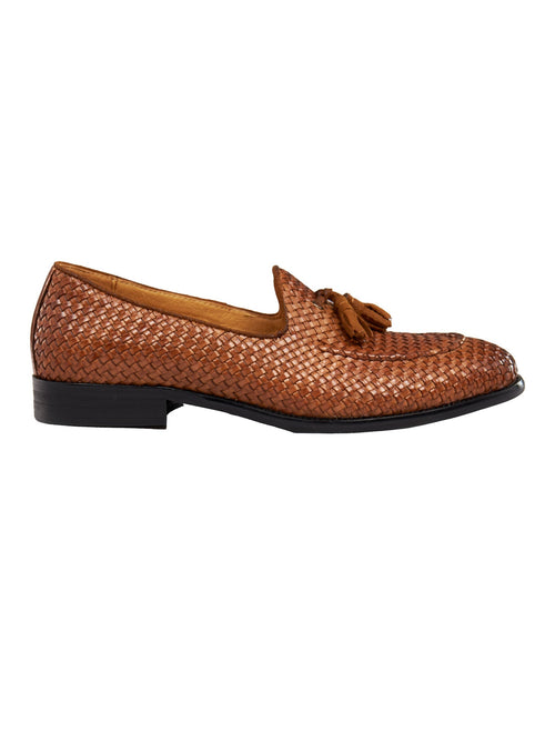 TAN WOVEN LEATHER TASSEL LOAFER