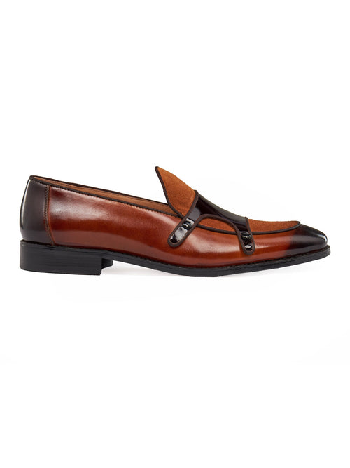 BROWN PATENT LEATHER & SUEDE MONK SHOES