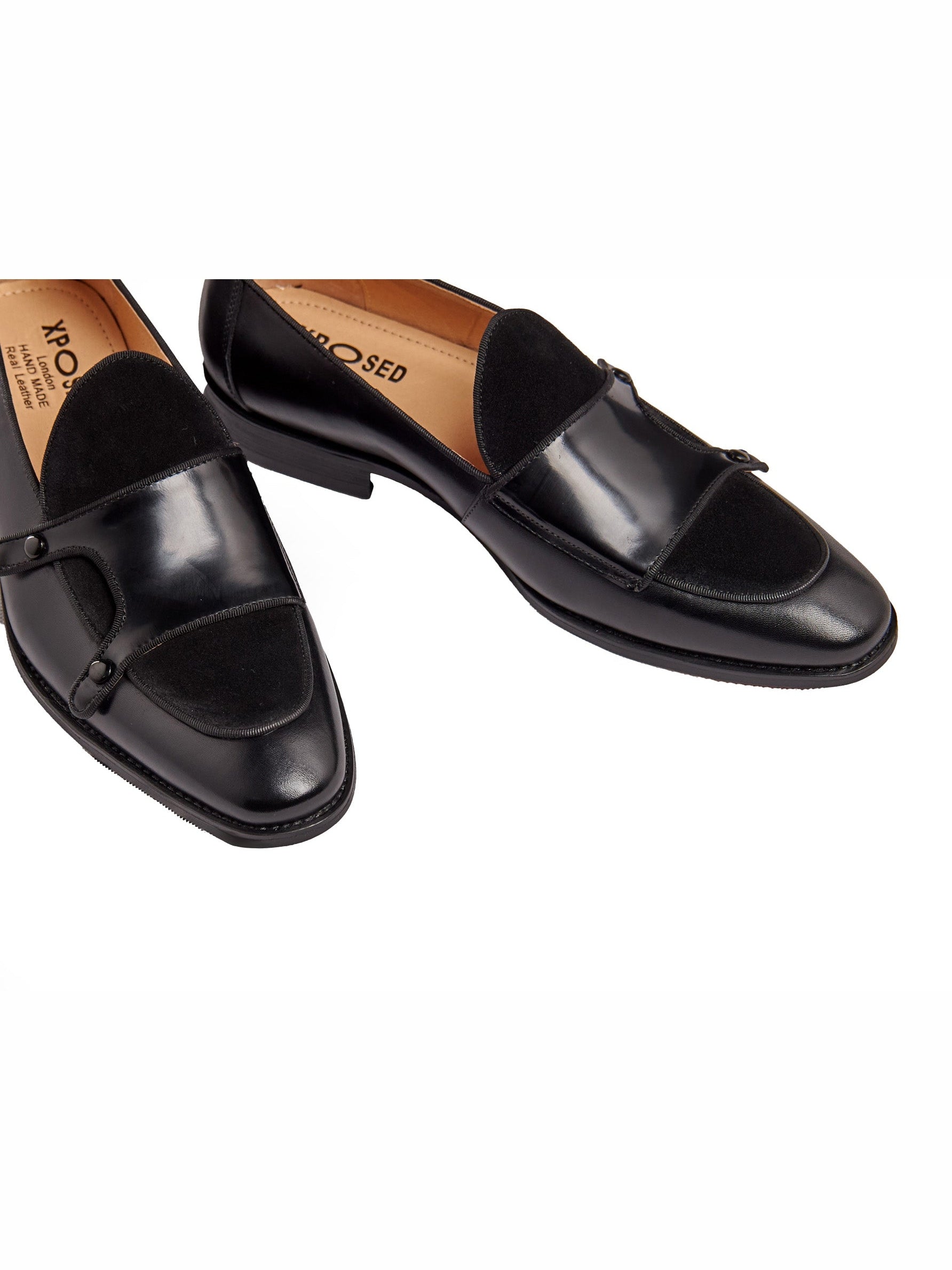 BLACK PATENT LEATHER & SUEDE MONK SHOES