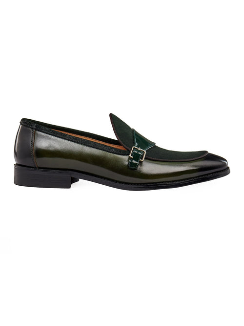 GREEN LEATHER & SUEDE MONK SHOES