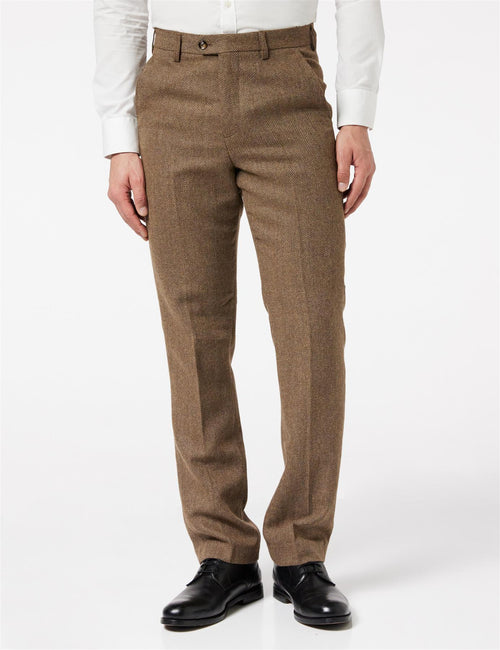 PANTALON EN TWEED À CHEVRONS MARRON