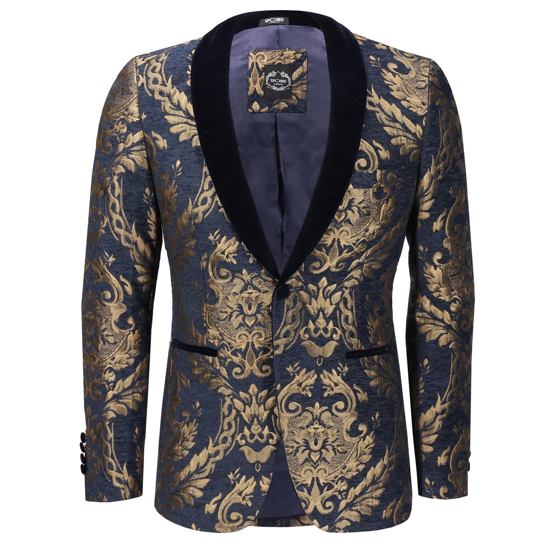 GOLDBROKAT AUF JACQUARD-BLAZER MIT Flockigem Marineblauem Samtrevers