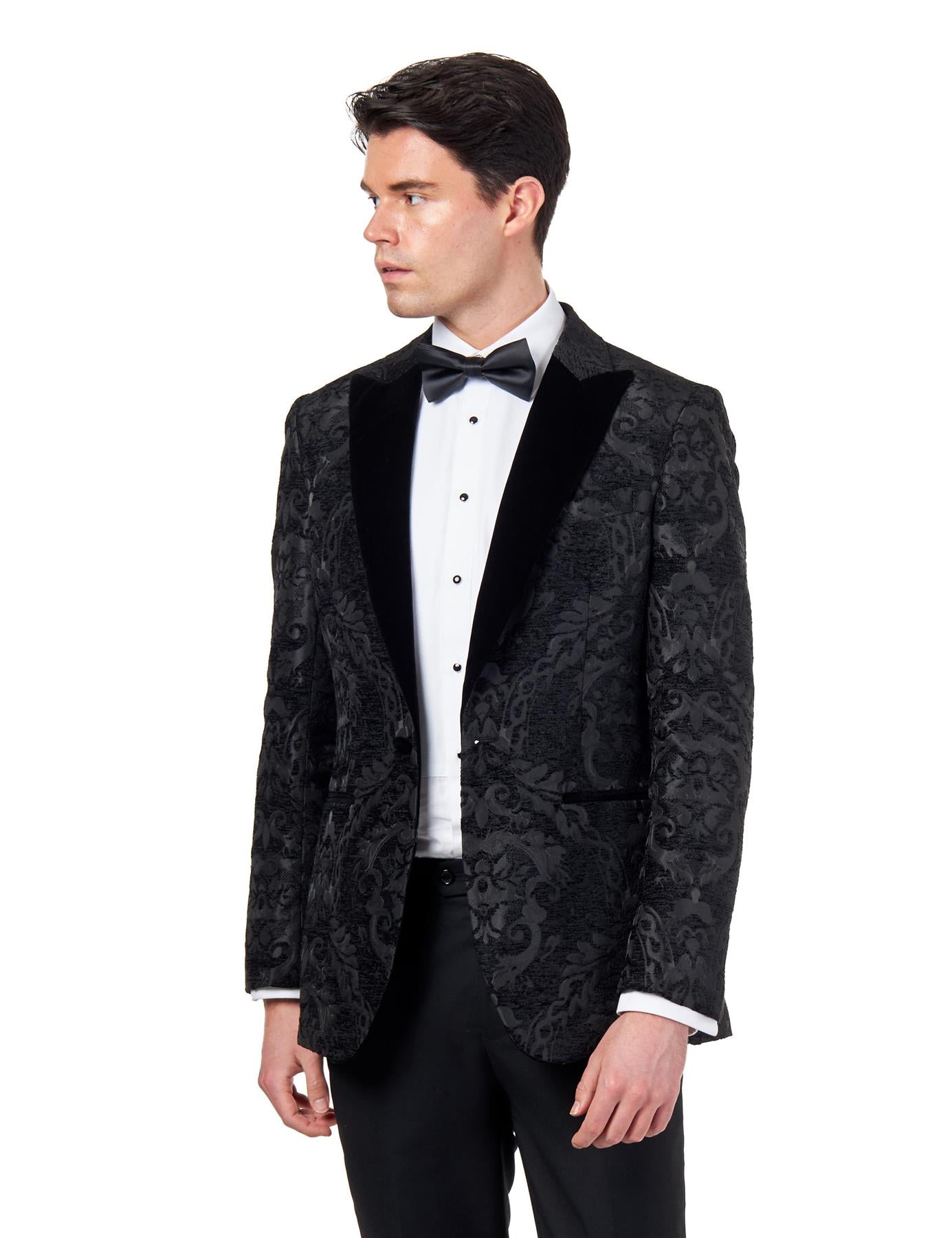 GLEN – BLACK ORNATE JACQUARD PRINT TUXEDO JACKET