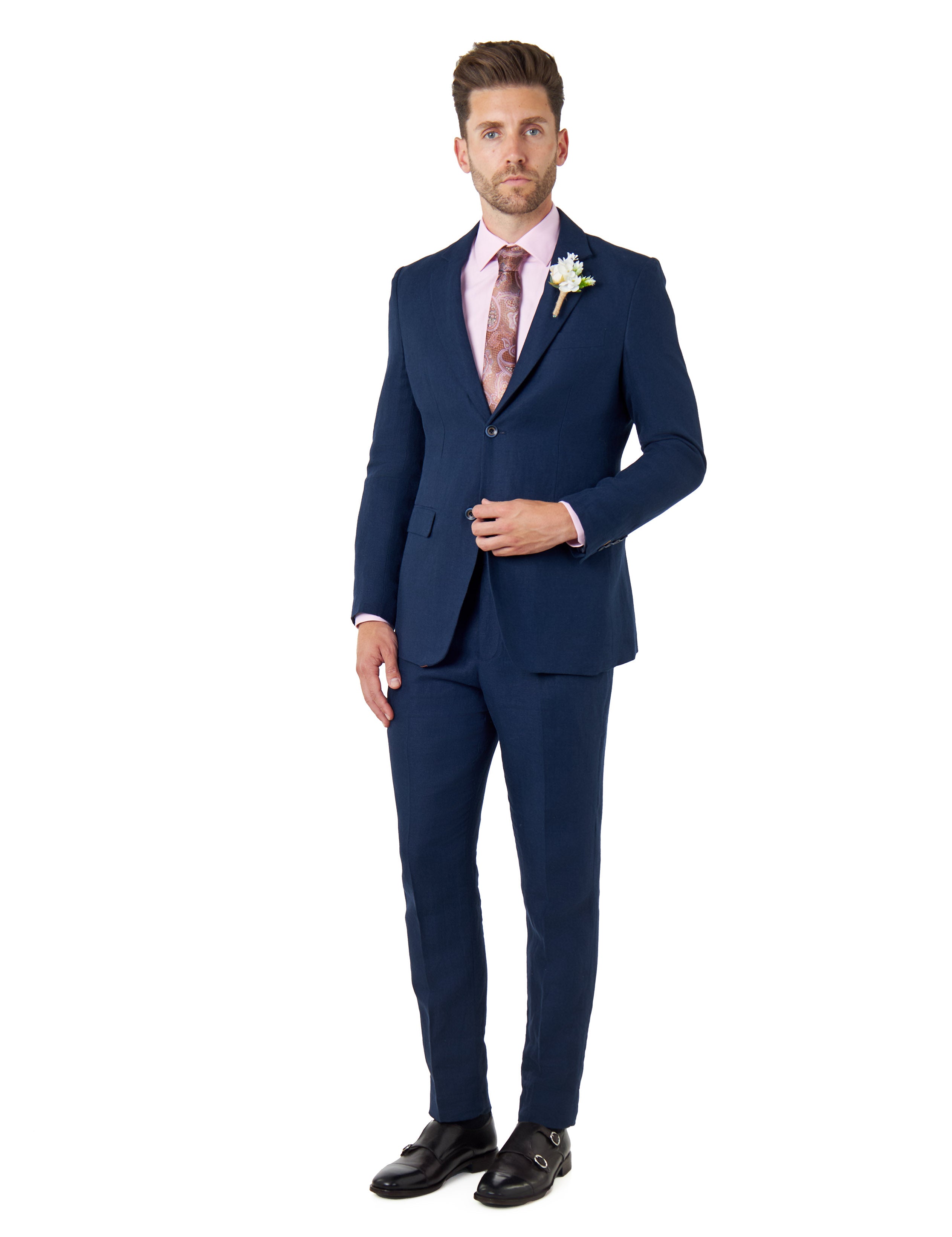 RAY - Tailored Fit Navy Herringbone Linen Suit Jacket