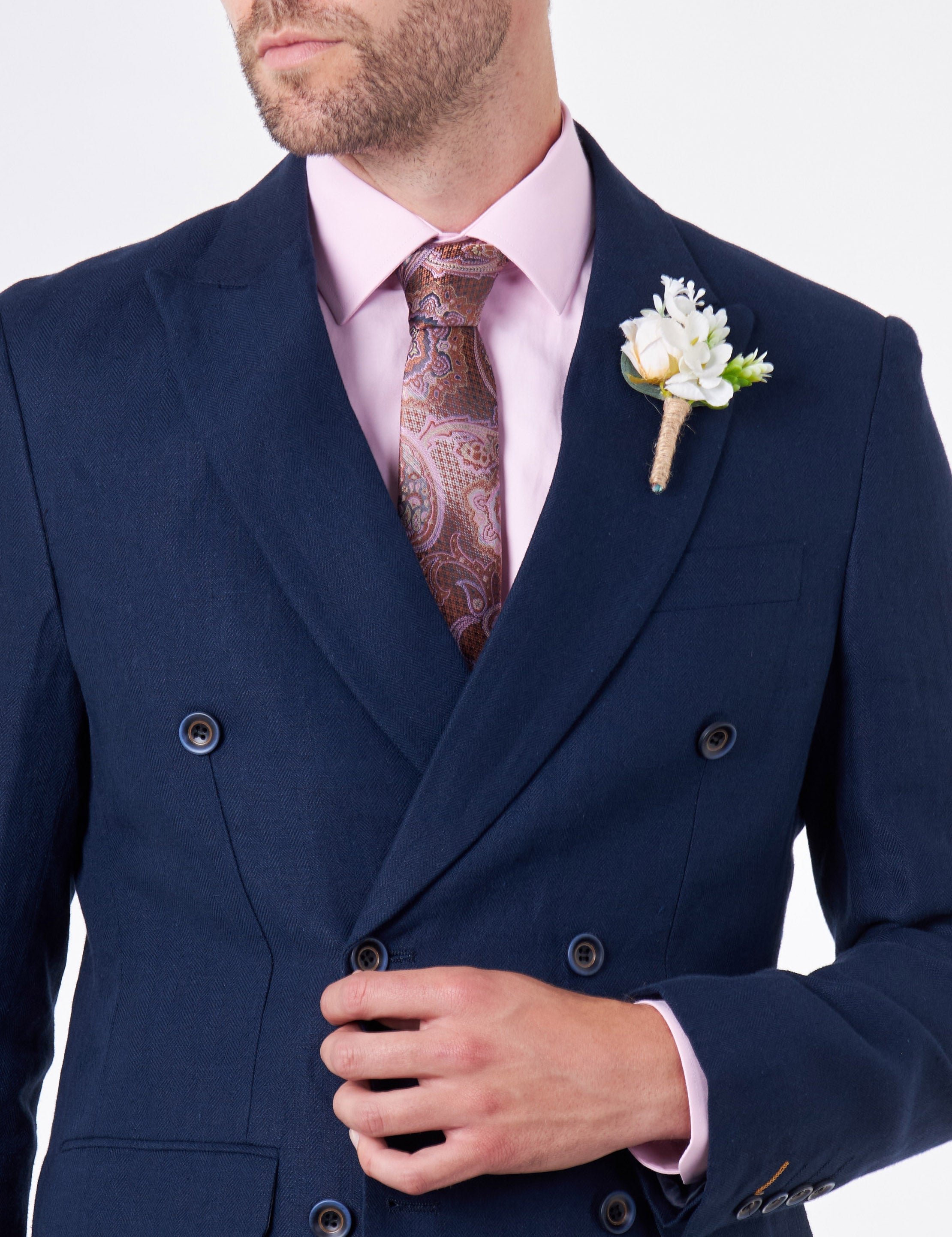 RAY - Tailored Fit Double Breasted Suit in Navy Herringbone Linen