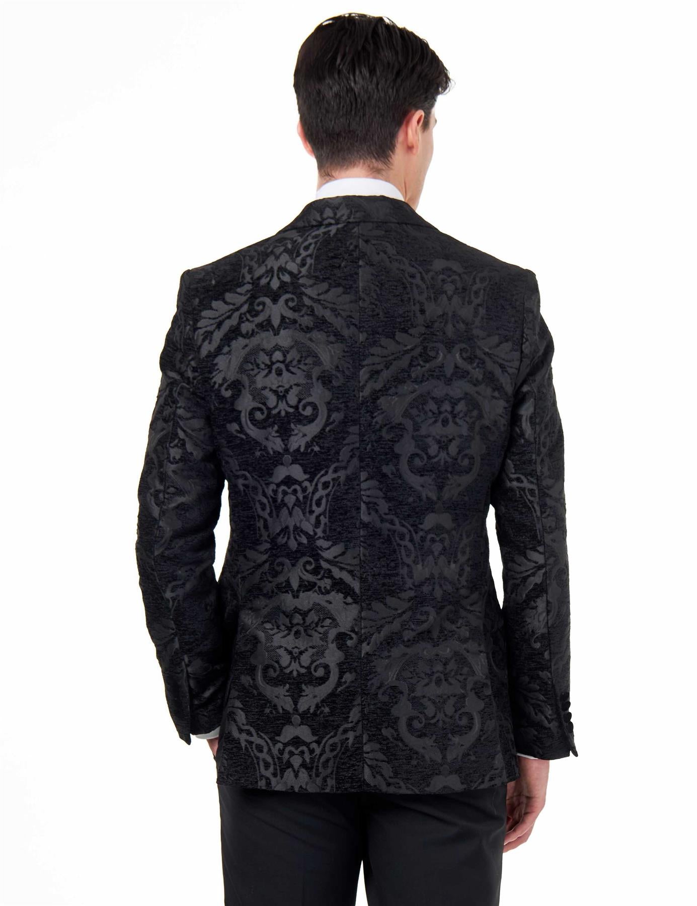 GLEN – BLACK ORNATE JACQUARD PRINT TUXEDO JACKET