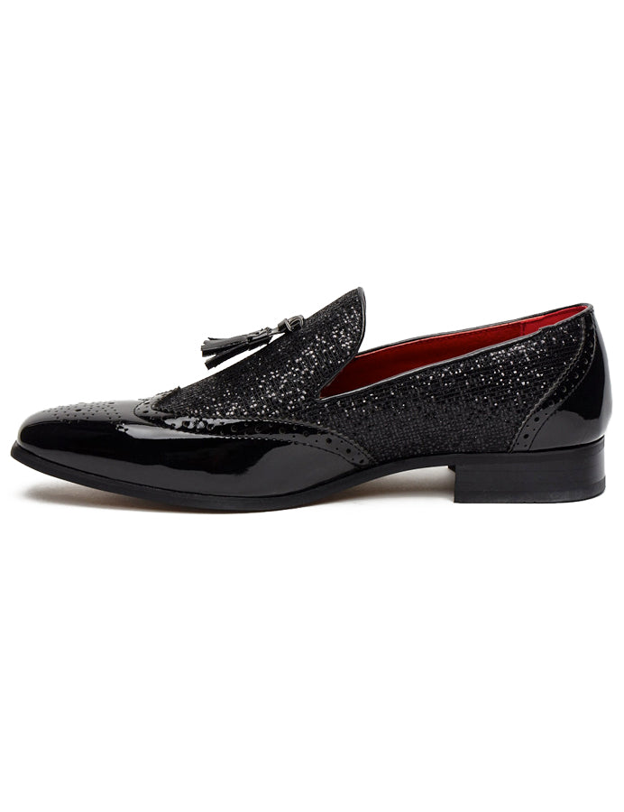 BLACK FAUX PATENT LEATHER SHINY GLITTER PARTY TASSEL LOAFER