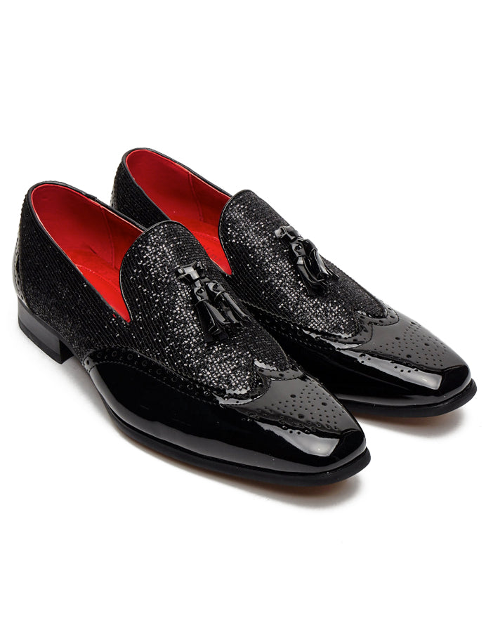 BLACK FAUX PATENT LEATHER SHINY GLITTER PARTY TASSEL LOAFER