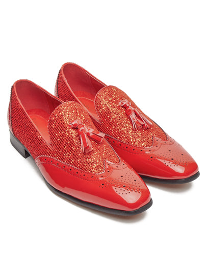 RED GLITTER SEQUIN TASSEL LOAFER DRESS WEDDING SHOES