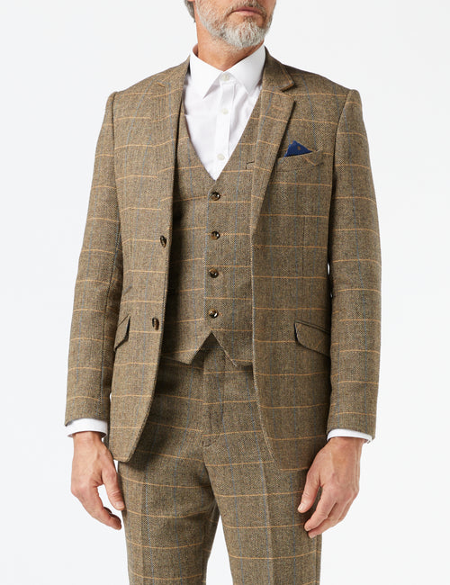 VESTE ET GILET DE COSTUME EN TWEED CHECK HERRINGBONE TAN