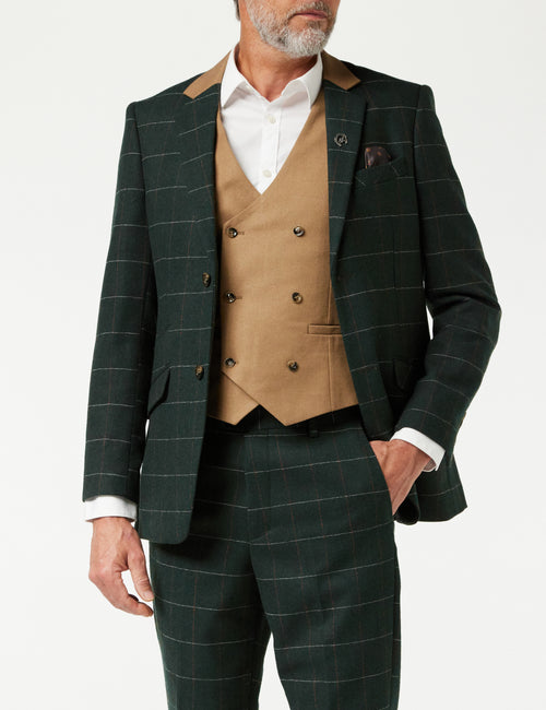 VESTE ET GILET À CARREAUX EN TWEED VERT À CHEVRONS