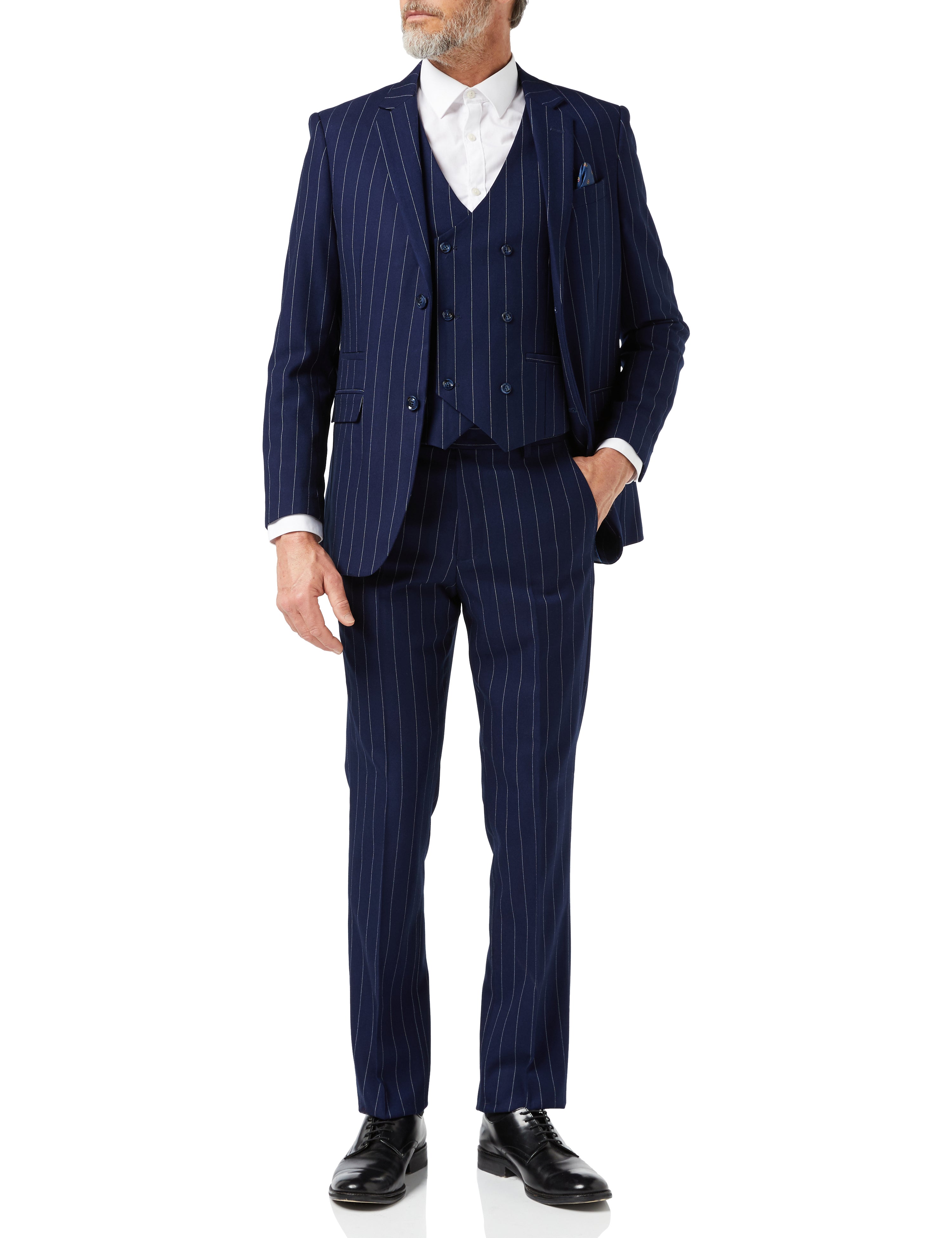 WHITE PINSTRIPE ON NAVY JACKET & WAISTCOAT