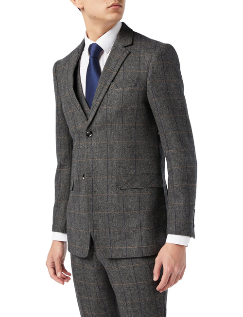 VESTE ET GILET DE COSTUME TWEED CHECK HERRINGBONE GRIS