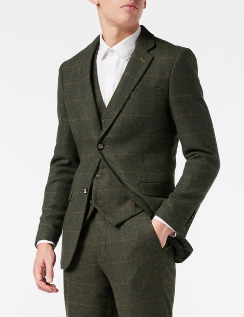 OLIVEGRÜNE TWEED-KARJACKE UND -WESTE