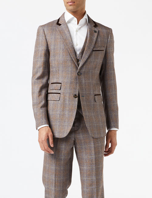 HUGO - BROWN TWEED CHECK JACKET & WAISTCOAT