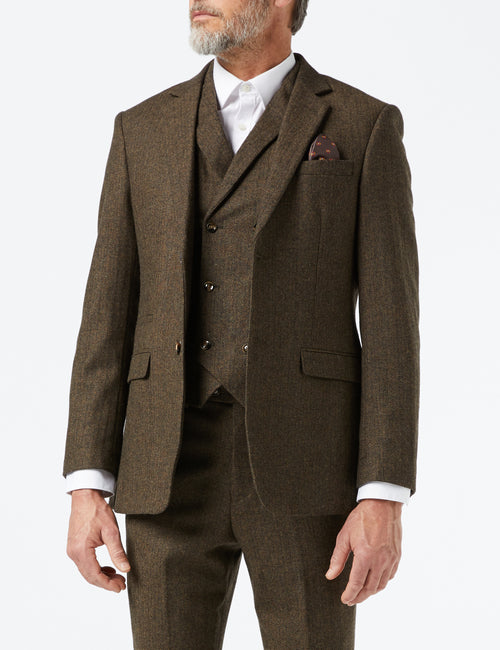 JAX – BRAUNE FISCHGRÄTEN-TWEED-JACKE UND -WESTE