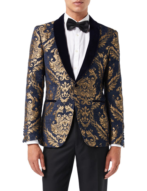 GLEN - GOLD BROCADE ON FLOCKED NAVY VELVET LAPEL JACQUARD BLAZER