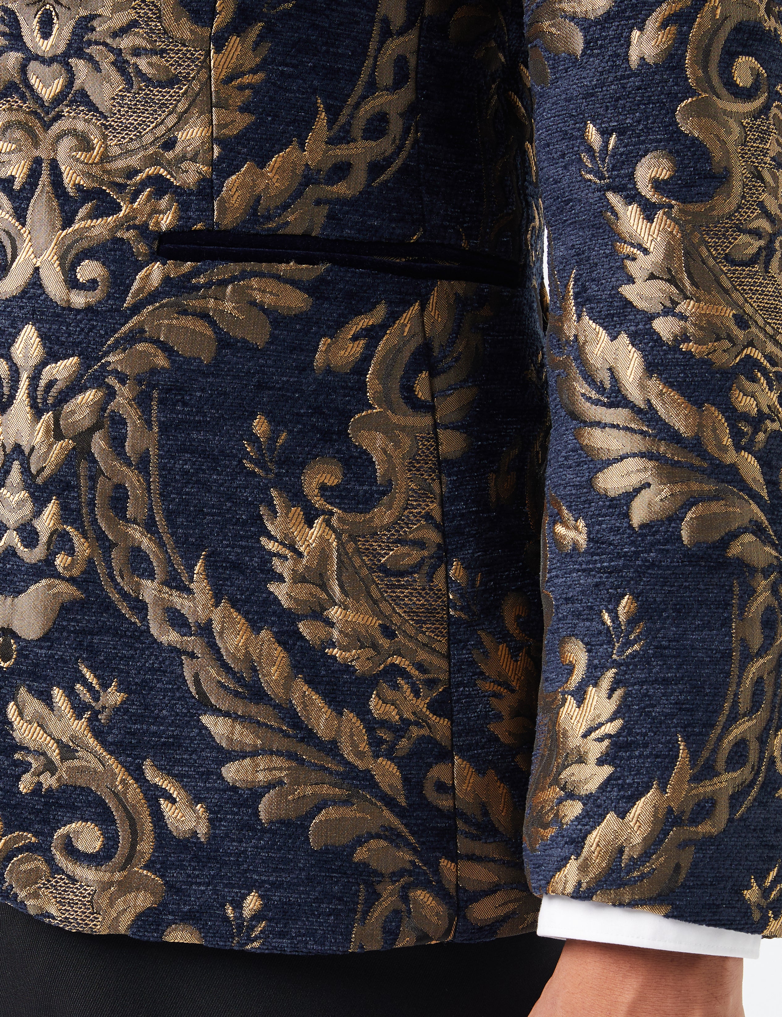 GOLDBROKAT AUF JACQUARD-BLAZER MIT Flockigem Marineblauem Samtrevers