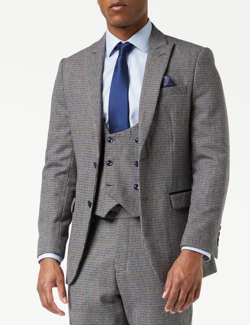 HERVE – BLAUER TWEED-BLAZER MIT HAHNENZAHNmuster