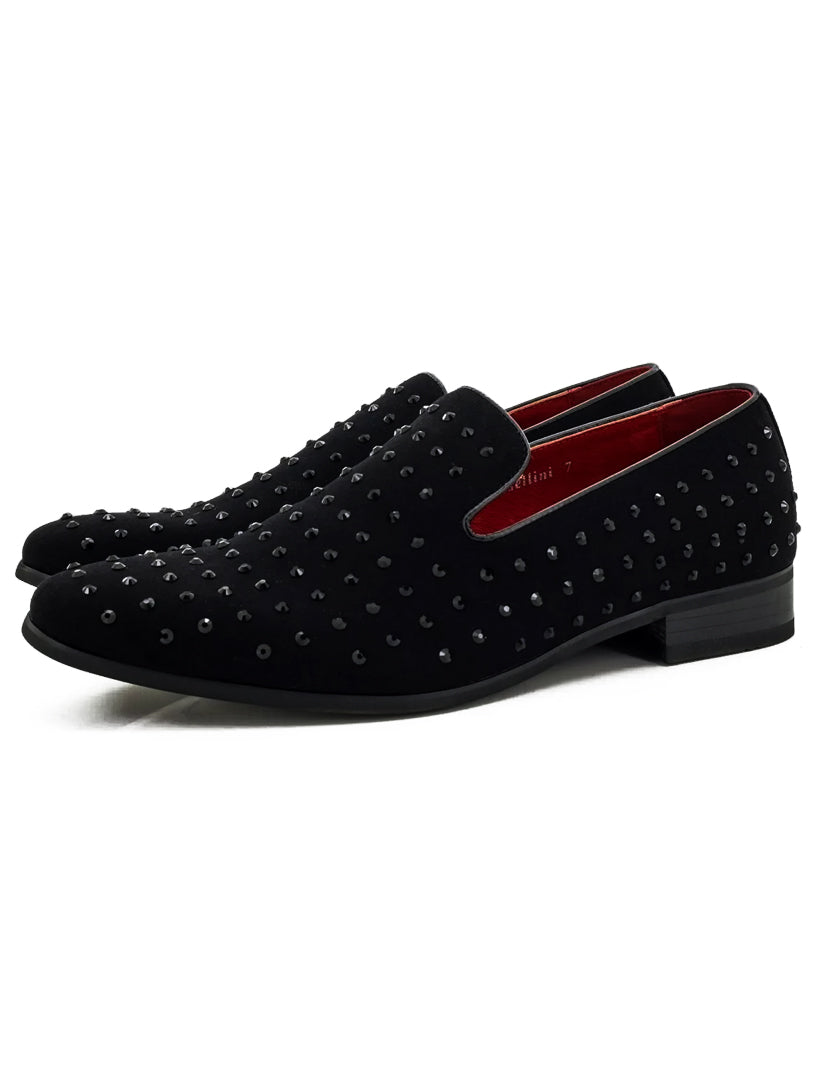 BLACK SUEDE LEATHER LINED GLITTER STUD LOAFERS